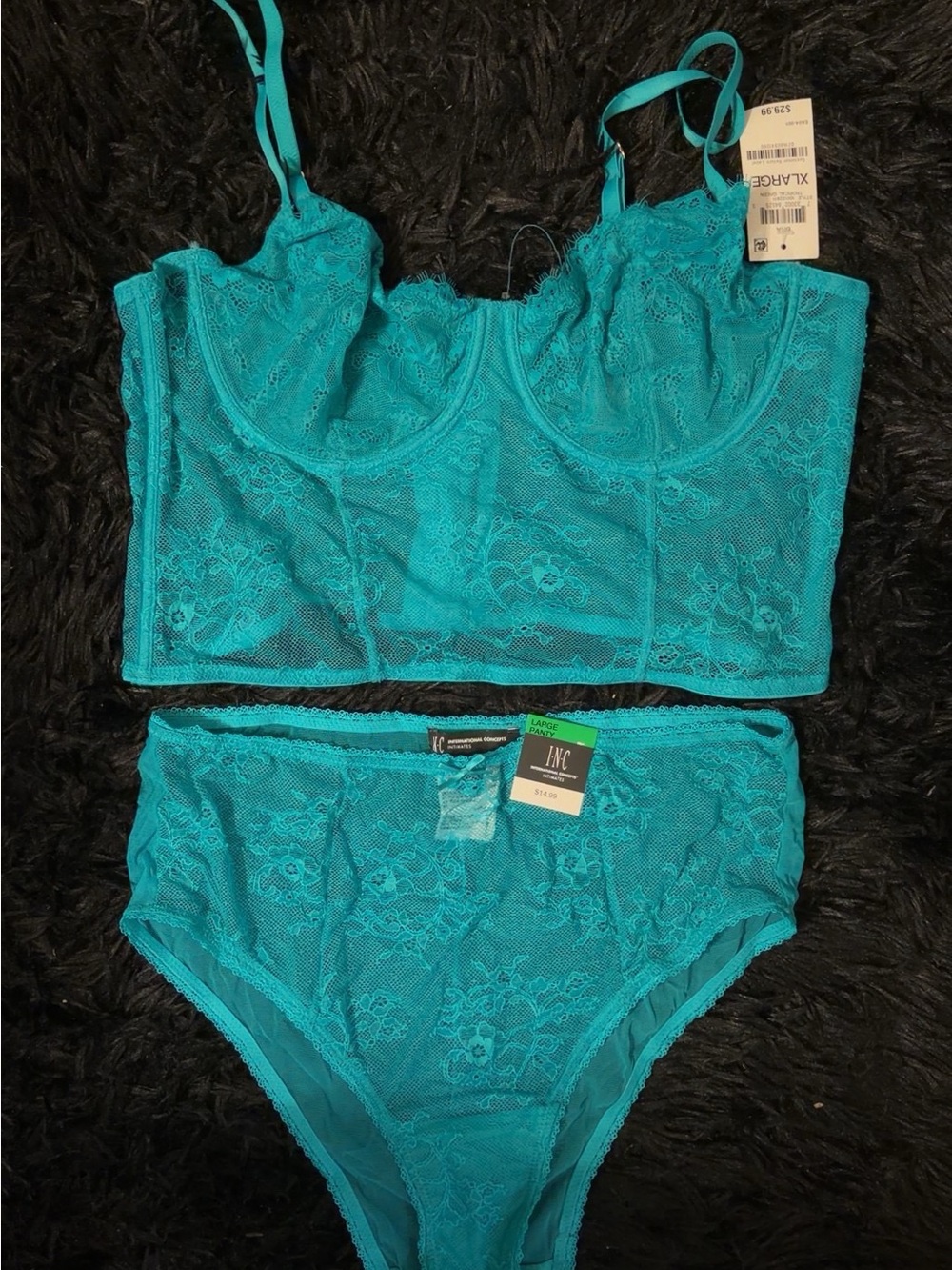INC International Concepts Teal Lace Bustier Bralette with High-Waist Brief